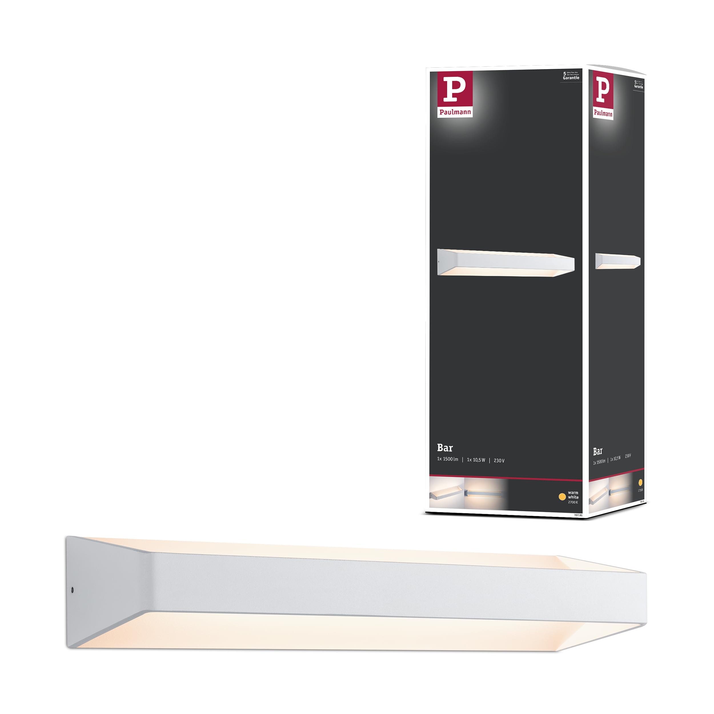 Paulmann 70791 LED Ceiling luminaire Wall luminaire Bar Rectangular incl. 1x10.5 watt Ceiling lamp White Living Room lamp Aluminium 2700 K