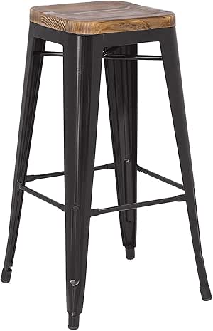 Wood & Style Taburete de Bar sin Respaldo de Metal, Asiento de Madera