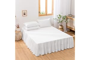 BISELINA French Linen Bed Skirt with Pleated Frills 14-Inch Tailored Drop Natural Flax Cotton Blend Dust Ruffle Soft Cozy Farmhouse Bedding (14" Full, Ruffle White)