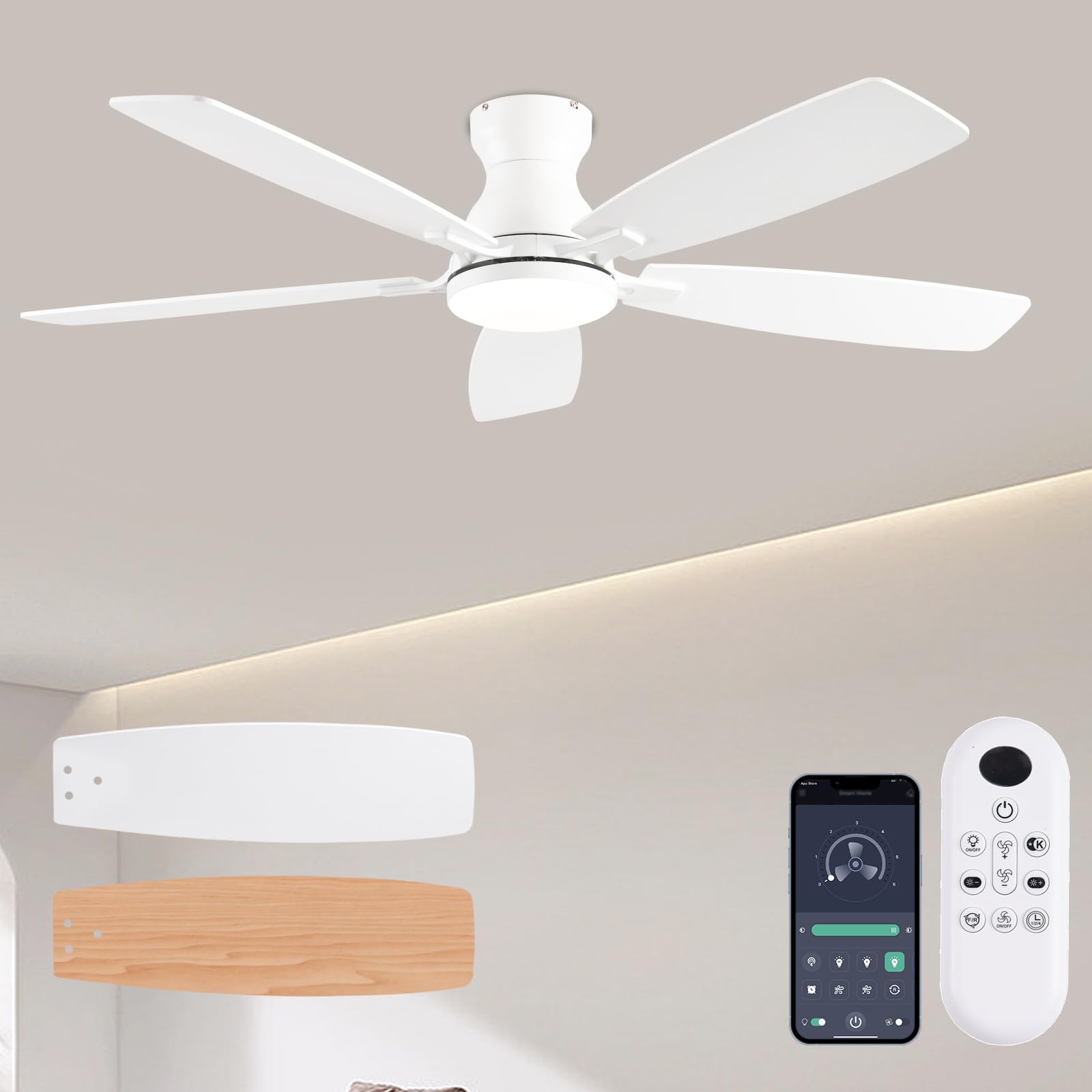 Photo 1 of JSAITEE Ceiling Fans with Lights, 52 Inch Low Profile Ceiling Fan with Light and Remote Control, Flush Mount, DC Reversible Motor, Noiseless, White 6 Speeds Ceiling Fan for Bedroom