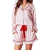 SOLILOQUY Women Valentine's Day Pajamas Set Satin Silk Cute Graphic Long Sleeve Button-up Top+Shorts 2 Piece Lounge Sleepwear