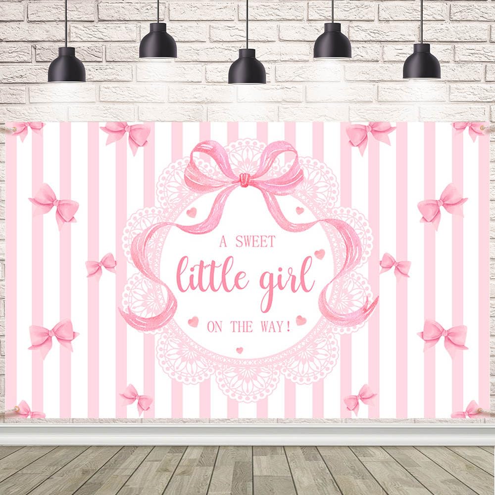 Photo 1 of AIBIIN A Sweet Little Girl is on The Way Photography Background Pink Bow Girls Baby Shower Backdrop Pink Baby Shower Decor It's A Girl Party Banner Cake Smash Photo Booth Props