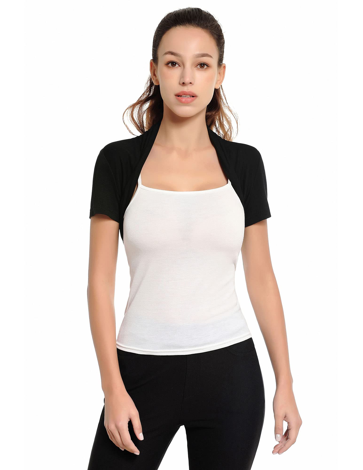 Photo 1 of AmélieBoutik Women Short Sleeve Open Front Bolero Cropped Cardigan Shrug(Black Small)