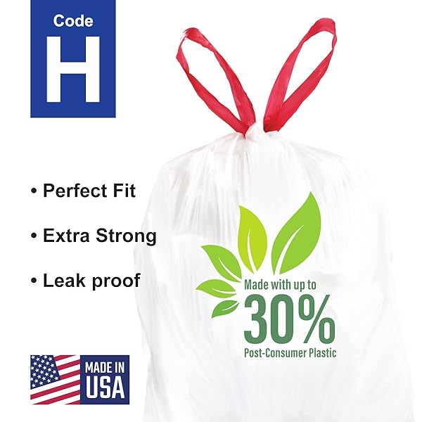 COMPATIBLE WITH SIMPLEHUMAN CODE H – 150 COUNT (3 ROLLS) DURABLE CUSTOM FIT PLASTIC TRASH BAGS W/DRAWSTRING – 30-35 LITER/ 8-9 GALLON TRASH CANS – HEAVY DUTY GARBAGE BAG – MADE IN USA
