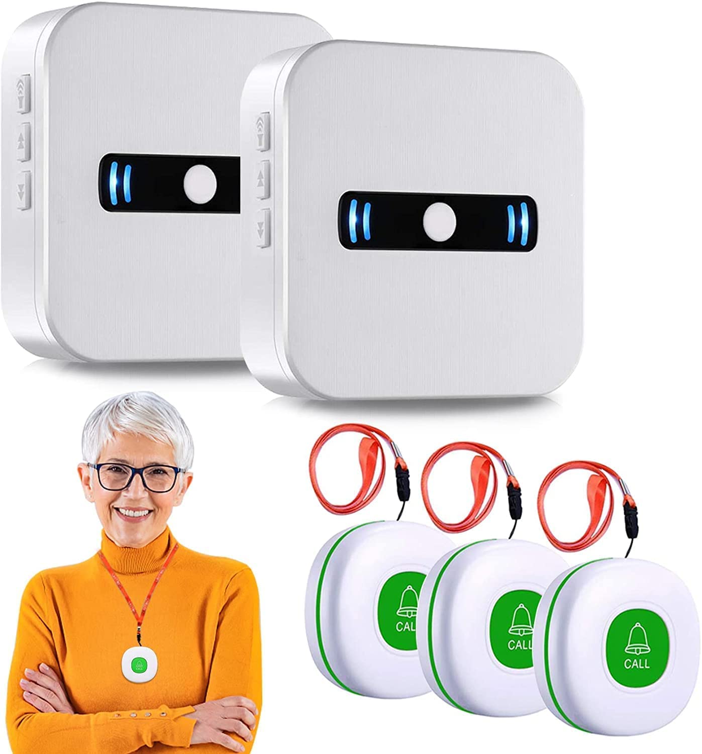 DAYTECH Portable Wireless Personal Alarms for Elderly Panic Alarm with Battery Power,Call Button & Caregiver Pager with IP55 Waterproof Button,2 Portable Receivers 3 Buttons