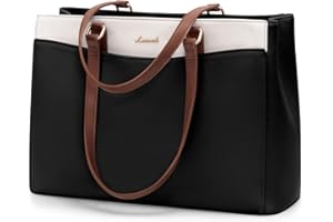 LOVEVOOK Laptop Tote Bag for Women, Work Bags Teacher Tote Bag, Waterproof Leather Computer Bag, Business Laptop Purse Office Handbag Professional Briefcase, Black-Beige-Brown, 15.6 Inch