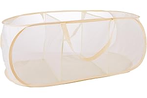 XIAYAN collapsible Mesh Popup laundry basket，3 Compartments-Laundry Hamper with Strong Handles ，Easy to Open and Fold for Dorm, Laundry Room, Bedroom, RV… (Beige)…