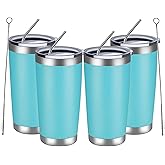 MEWAY 20oz Tumbler 4 Pack Double Wall Vacuum Insulated Travel Mug Bulk, Stainless Steel Tumblers with Lid and Straw, Durable Powder Coated Coffee Cups for Cold & Hot Drinks (Light Blue, 4)