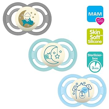 MAM Babyartikel Perfect Night Schnuller, leuchtend, 6 Mo+ Neutral // 3er Set // inkl. 3 Sterilisiertrasportboxen