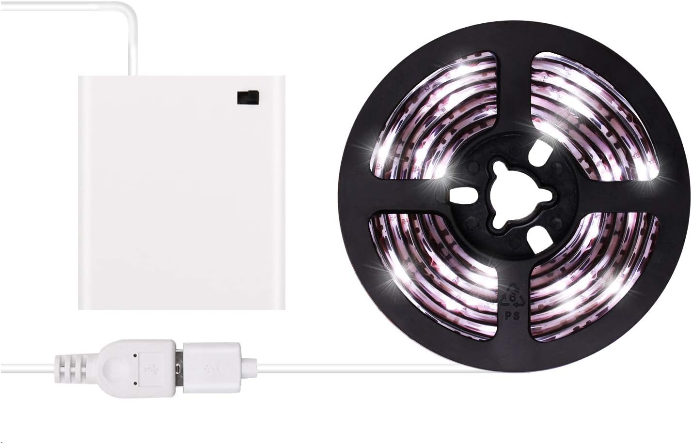 Battery Operated LED Strip Lights - Cool White USB LED Light Strip Kit with 6.6FT 2M SMD 3528 IP65 Waterproof Super Bright LED Tape Light, Battery Box
