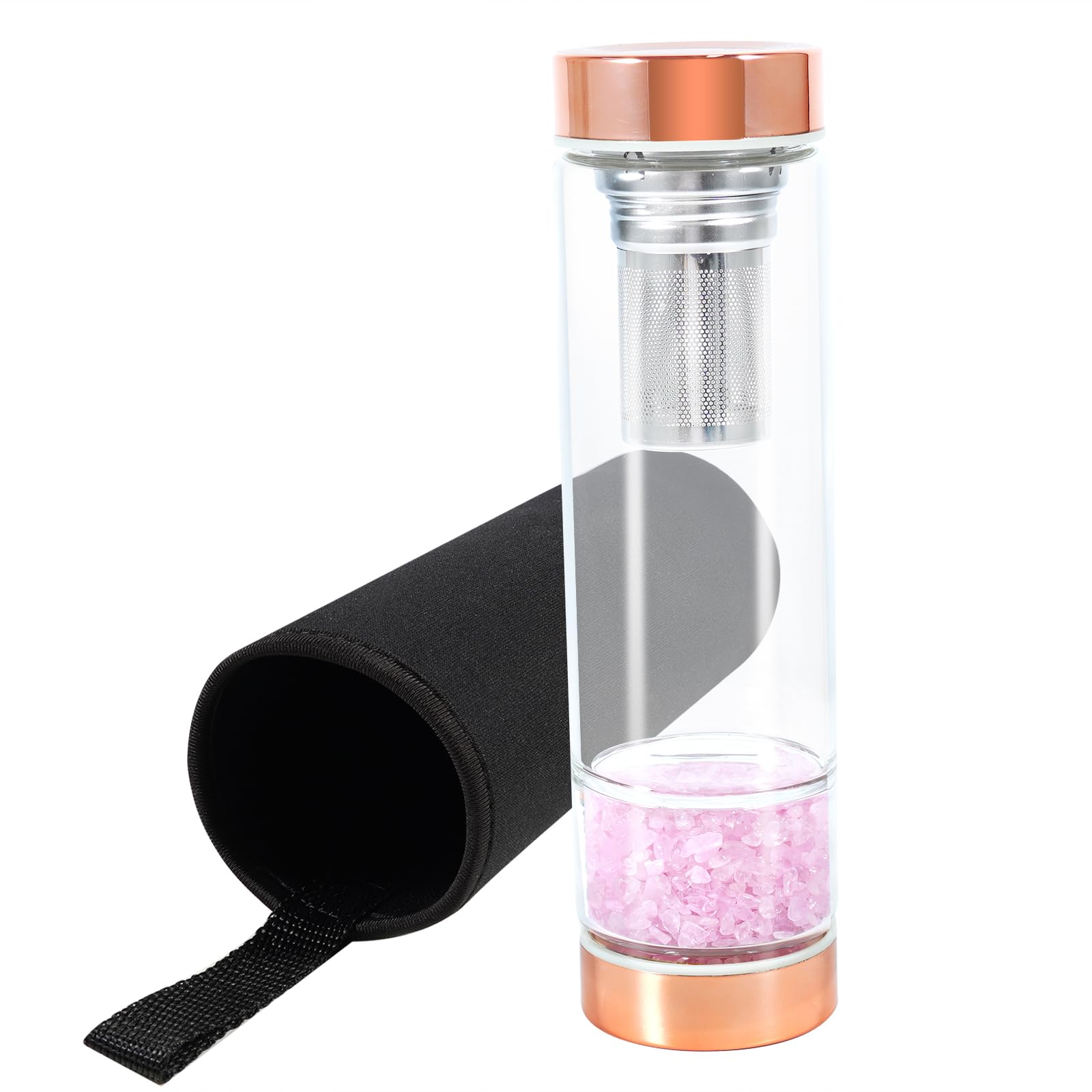 soulnioi Healing Crystal Glass Water Bottle, Natural Gravel Gemstone Crystal Water Bottle Healing Glass Bottles with Tea Strainer&Protective Cup Cover, for Spiritual Healing (Rose Quartz)