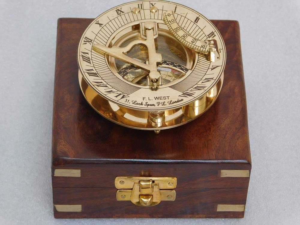 RIRHTAJUS Brass sundial compass fully hand made item fully functional item with rosewood box.