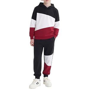 Kuwnrder Boys Clothes Color Block Long Sleeve Hood Sweatshirt and Color Block Jogger Pants Boy Outfit Set 6-13Y