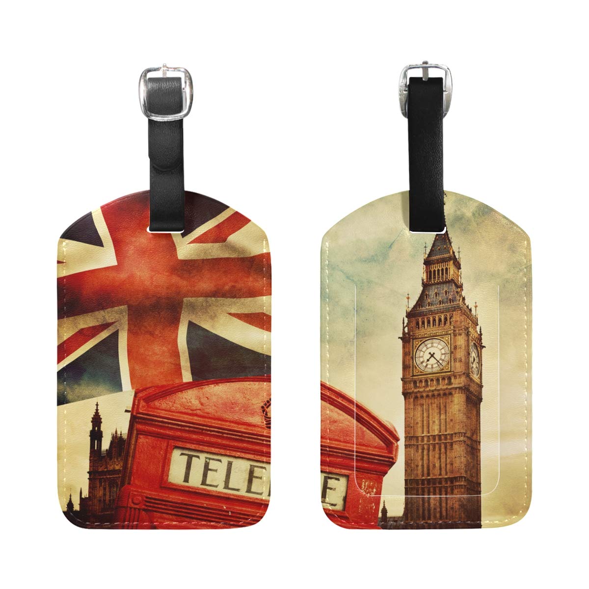 Luggage Tags, Union Jack UK Flag Big Ben Printed 2 Pack PU Case Suitcase ID Tag Labels Travel Bag Baggage