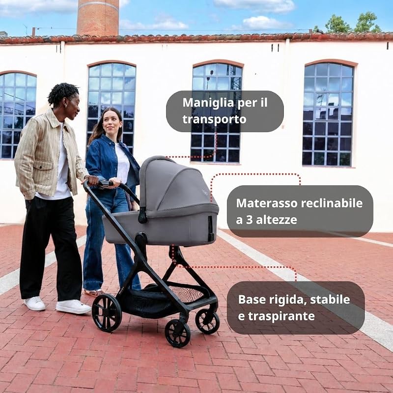 Kombo, Passeggino 2 in 1 con Navicella Rigida Rialzabile e Seduta Reversibile, Chiusura Automatica con una Mano, dalla Nascita fino a 22 kg, Grigio
