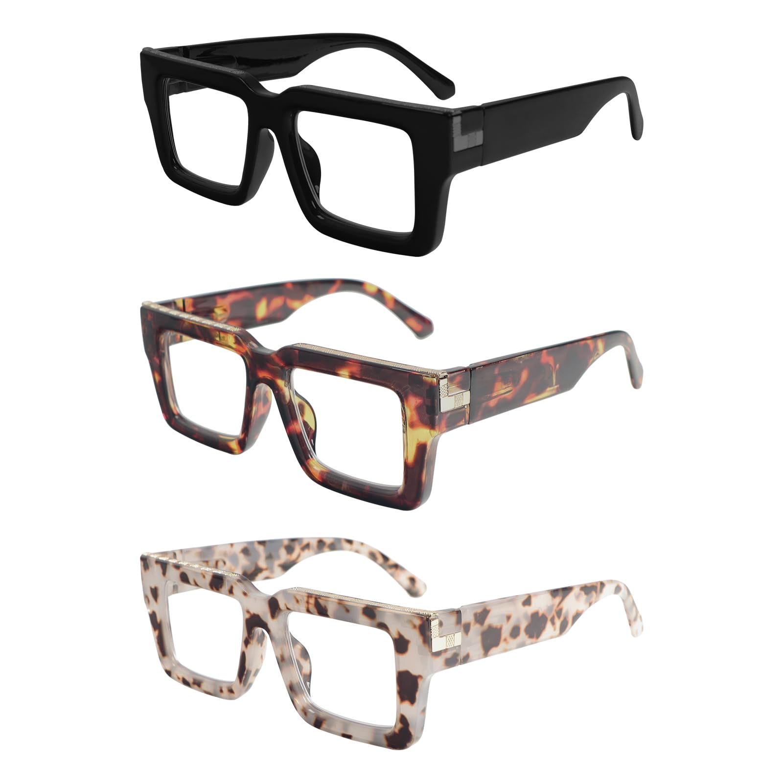 MMOWW 3-Pack Oversized Reading Glasses Square Frame for Women Men Blue Light Blocking Computer Readers (3 Mix Color, +2.5)