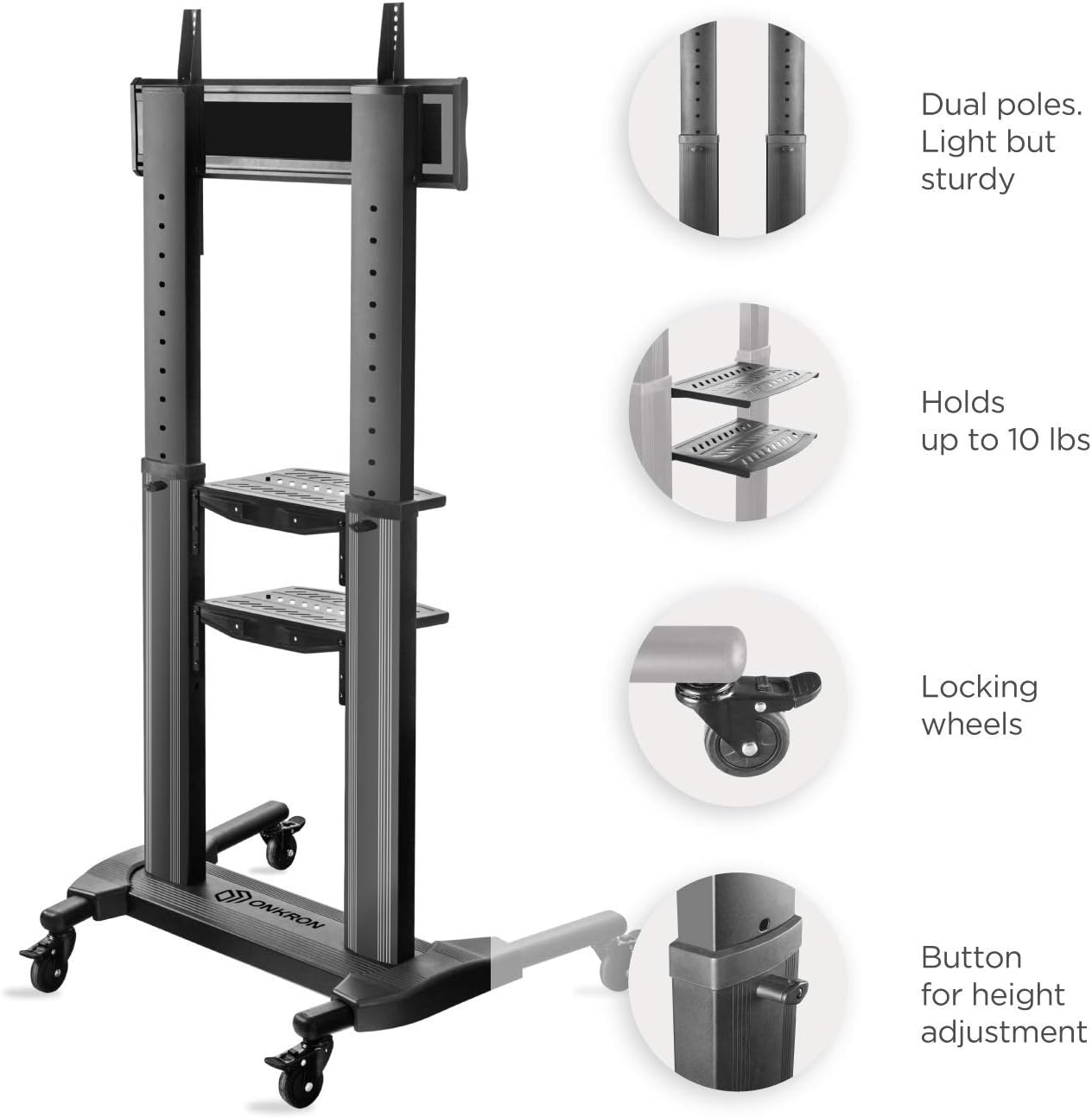 ONKRON Universal Mobile TV Stand with Shelves TV Cart on Wheels for 40” – 80 Inch Flat Panel Curved LCD LED OLED Screens up to 100 lbs TS27-71 (Black) : Office Products