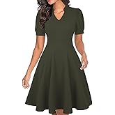 Mokayee Womens Summer Short Puff Sleeve Casual Semi-Formal Fit and Flare Church Wedding Guest Work Dresses with Pockets