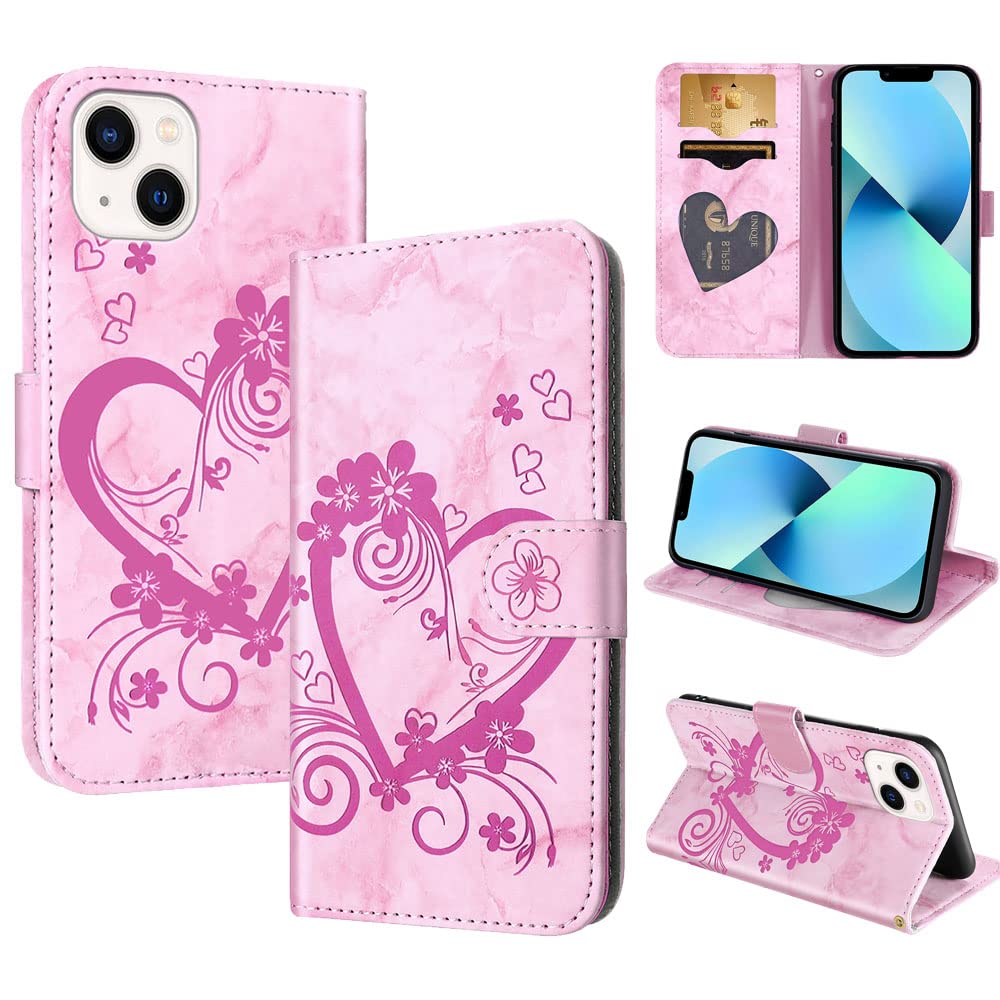 CASAFUNY Case for iPhone 13 Mini, Premium Leather Wallet Case Magnetic Flip Phone Case Shockproof Cover with Card Holder Kickstand for iPhone 13 Mini, Pink — image 1