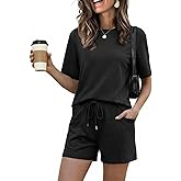 FULFIDREAM 2 Piece Sets for Women Summer Lounge Short Sets Crew Neck Solid Top Shorts with Pockets Travel Vacation Outfit