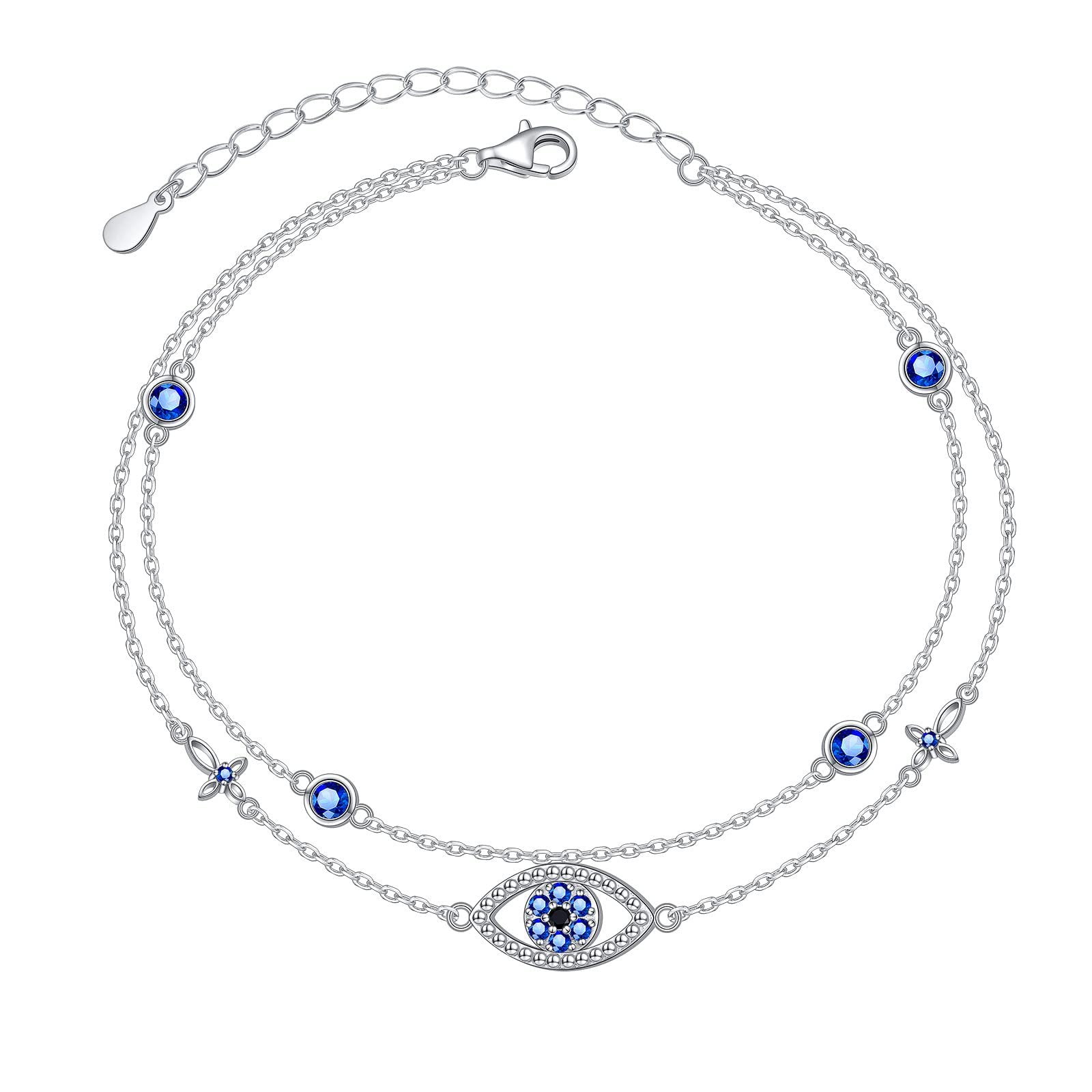Flyow Anklets for Women 925 Sterling Silver Blue Evil Eye Adjustable Multilayer Layered Anklet for Women