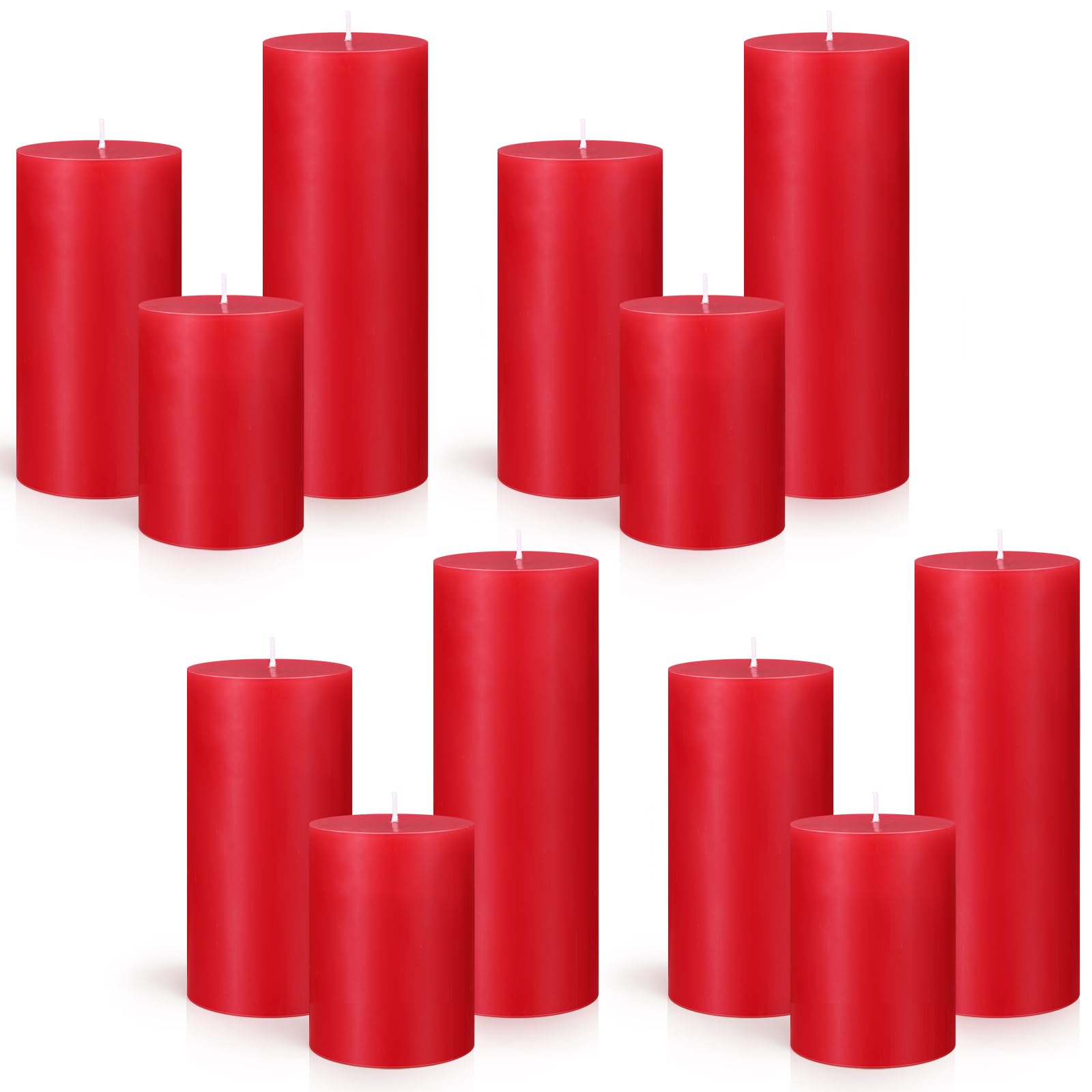 Photo 1 of Sumind Set of 12 Poured Pillar Candles 3"x 4", 6", 8" Dripless Unscented Long Clean Burning Rustic Country Style for Wedding, Valentines, Home Decor, Relaxation, All Occasions(Red)