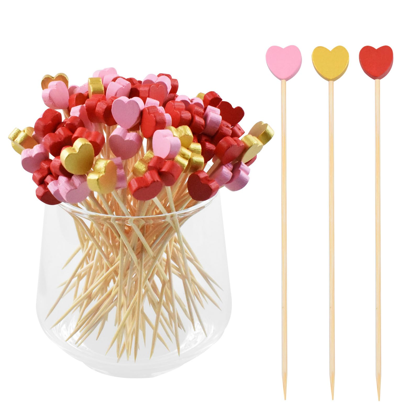 Photo 1 of 100 Pcs 4.7 Inch Love Heart Cocktail Picks, PEOUWNES Bamboo Toothpicks for Appetizers Sandwich Fruit Charcuterie Skewers Cake Dessert Barbecue Wedding Valentines Party Food Drinks Garnish