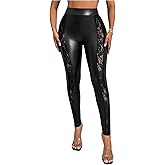 WDIRARA Women's Faux Leather Lace Leggings High Waisted Stretchy Skinny Pants Night Out Clubwear