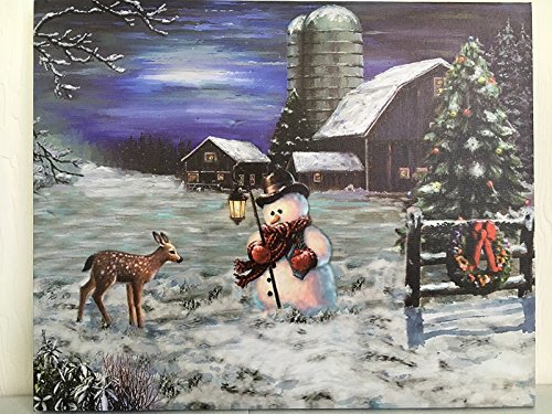 OSW Snowman, Deer and Barn Scene LED Art Canvas Light up Picture Winter Holiday
