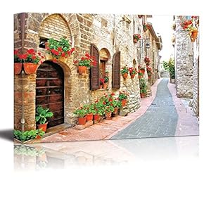 Beautiful Scenery Landscape of Picturesque Lane with Flowers in an Italian Hill Town - Canvas Art Wall Art - 12" x 18"