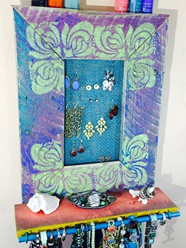 Floating wall wood vanity /jewelry shelf hanging organizer/ recycled pallet wood shelves earring holder 3 scarf hooks, 6 teal necklace hooks