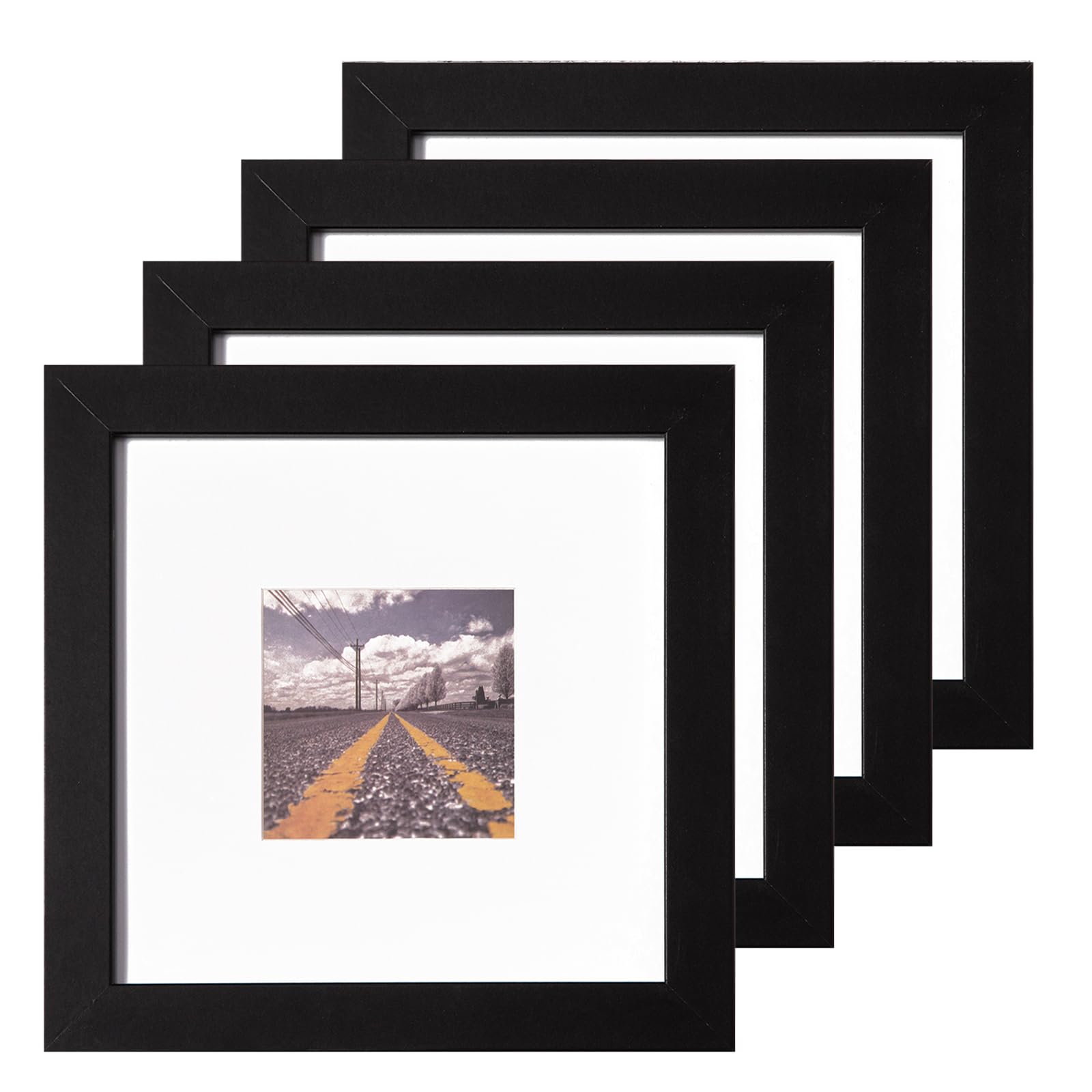Muzilife 8x8 Photo Frame Black Set of 4, Flat Profile Picture Frame for Pictures 4x4 with Mat or 8x8 without Mat