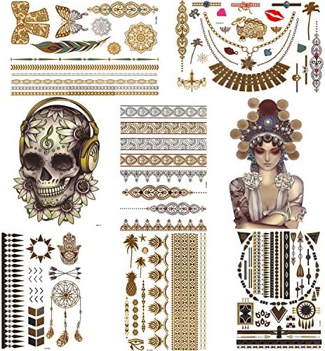 Metallic Temporary Tattoos Flash Tattoos 8 Sheets Premium Metallic Henna Tattoos -Skull, Flowers, Bracelets,Opera actor,Wrist and Arm Bands 8 sheets set