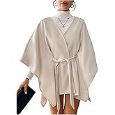 Verdusa Women's Old Money Tie Belt Wrap Poncho Trench Coat Elegant Dolman Sleeve Cape Cloak Outerwear