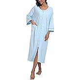 CF Women's 100% Cotton Zipper Robes 3/4 Sleeve Loungewear Knee Length Housecoat Lightweight Zip Up Nightgowns with Pockets