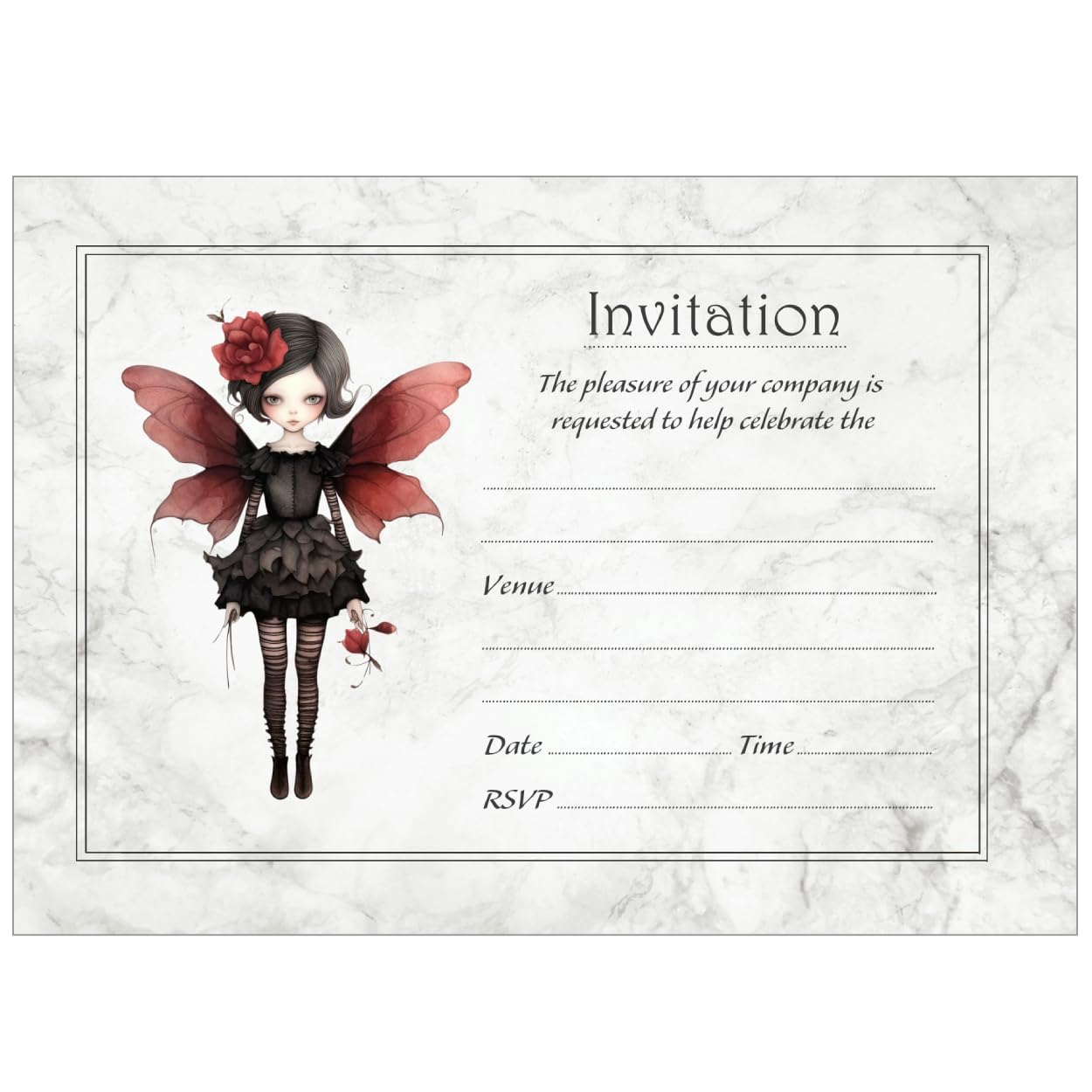 Wild And Arty Fun Goth Fairy Birthday Party Invitations - White Envelopes - Pack of 20