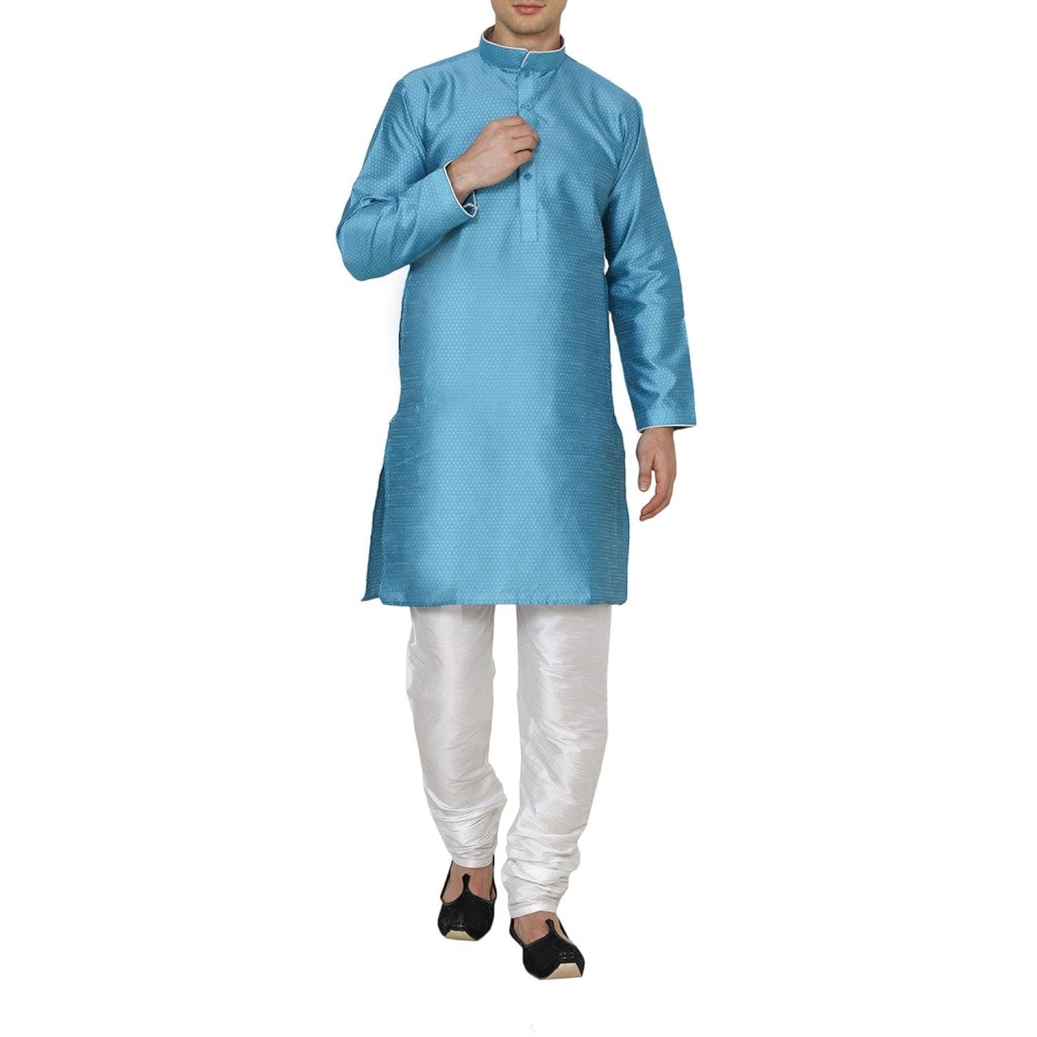 royal kurta men's self jacquard silk contrast piping kurta churidar