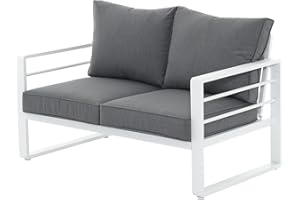 Patiorama Aluminum Patio Furniture Set, Outdoor Patio Loveseat, 2 Seat Sofa Couch, All Weather White Metal Chair with Olefin Cushion, Deep Seating, 600 lbs Capacity, Deck, Garden-Grey Cushion