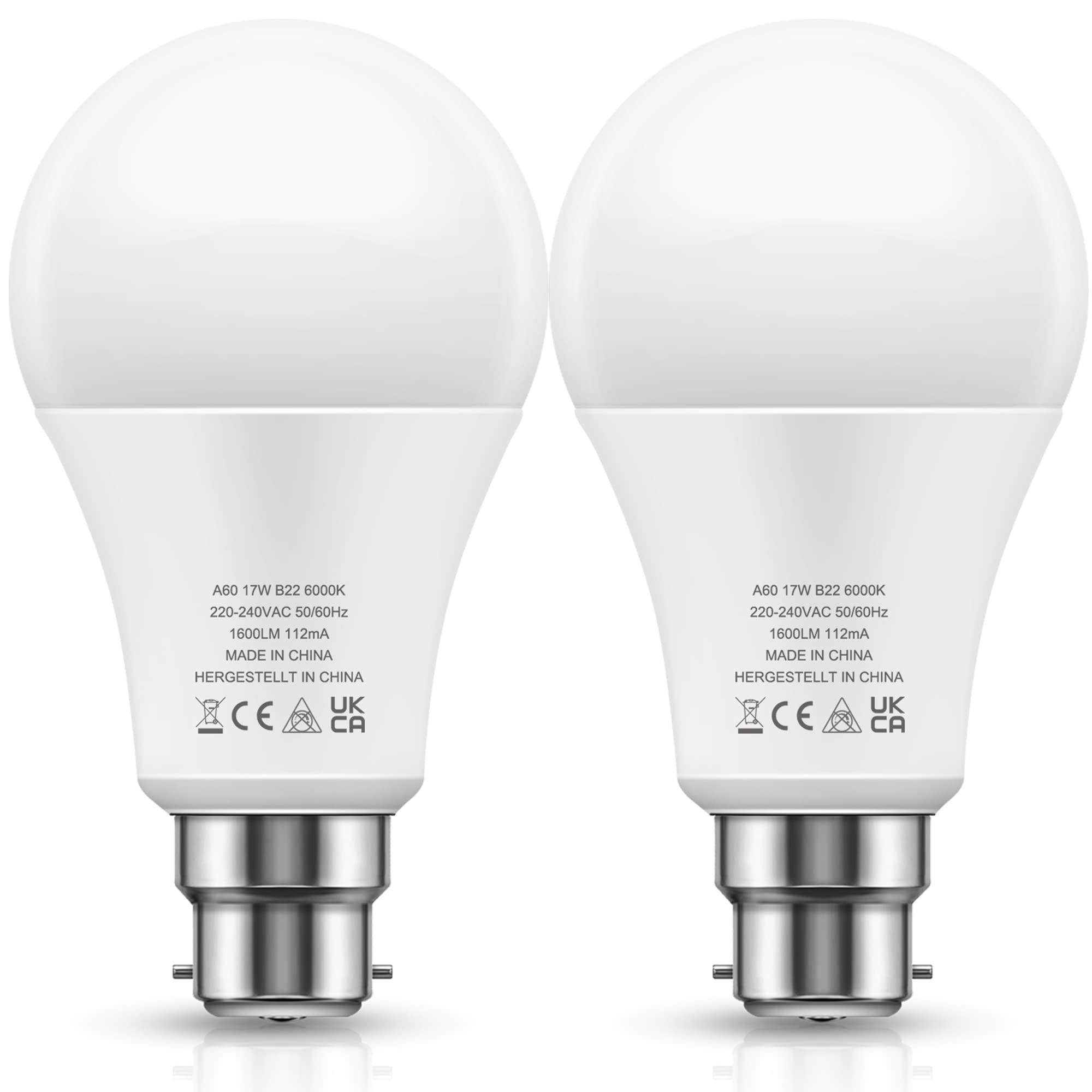 LOHAS-LED B22 LED Bulbs 150W Equivalent, 17W LED Bayonet Light, Cool White 6000K, Super Bright 1600Lm, Non-Dimmable, Energy Saving Light Bulbs, 2 Pack