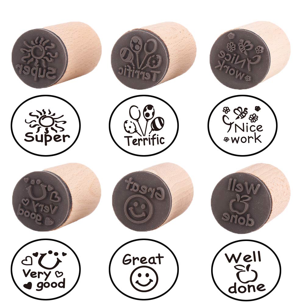 Photo 1 of DECORA 6pcs Round Wood Rubber Stamp for School Teachers English Toy Stamp