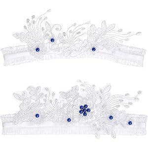 2 Pcs Garters for Bride, White Wedding Lace Garter with Blue Beads Stretchy Soft Thigh Garter Belt for Bride Wedding Engageme