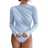 SweatyRocks Women's Bodysuit Mock Neck Casual Ruched Long Sleeve Jumpsuit