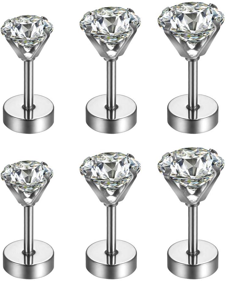 superbody3 Pairs Jewelry Stainless Steel Round Clear Cubic Zirconia Stud Earring 3~5MM Silver