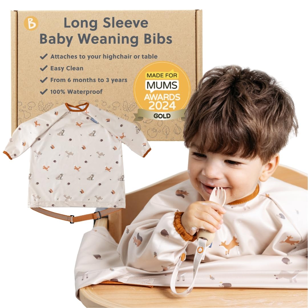 BIBaDO - Long Sleeve Baby Bibs - Babies & Toddlers 6-36 Months - Coverall Baby Weaning Bib - Easy Wipe Clean & Soft Fabric - Attach to Highchair & Tables - Waterproof - Machine Washable - Gifts