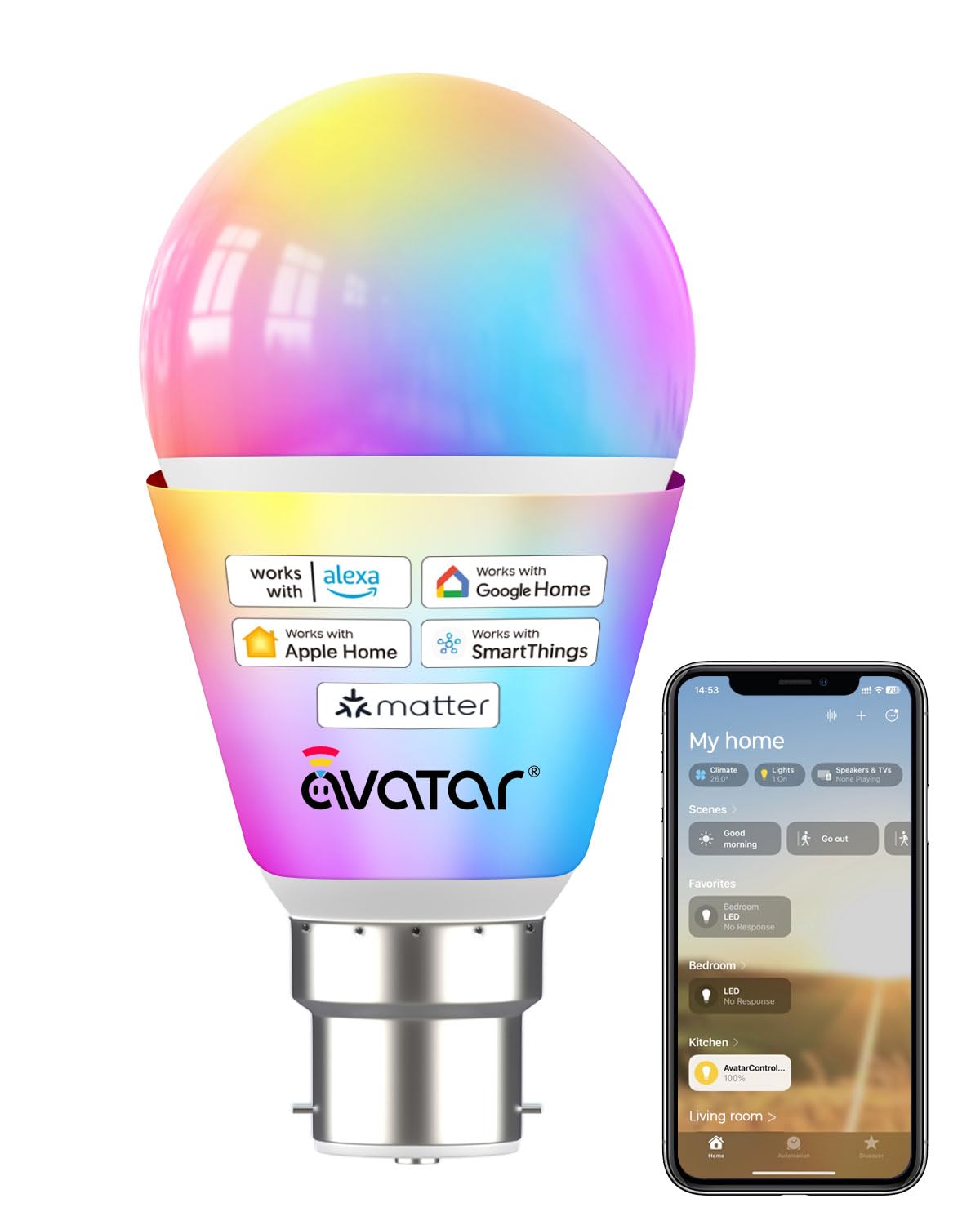 Smart Bulb, Alexa Light Bulb B22 Compatible with Apple Homekit, Alexa, Google Home, Voice/App Control Smart Matter LED Bulb Bayonet, Dimmable Adjustable White Temperature Energy-Efficient Lighting