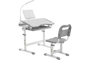 Gowxil Kids Study Desk and Chair Set, Multi Functional Height Adjustable Children School Study Desk with Tilt Desktop, Bookstand, LED Light, Metal Hook and Storage Drawer for Boys Girls, Grey