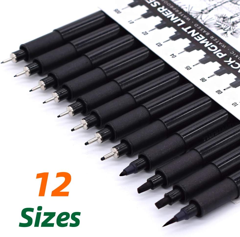 TWOHANDS Set of 12 Micro Pens, Fineliner Ink Pens, Pigment Pen, Technical Drawing pen, Black, Waterproof, for Art Watercolor, Sketching, Anime, Manga, Scrapbooking : Office Products