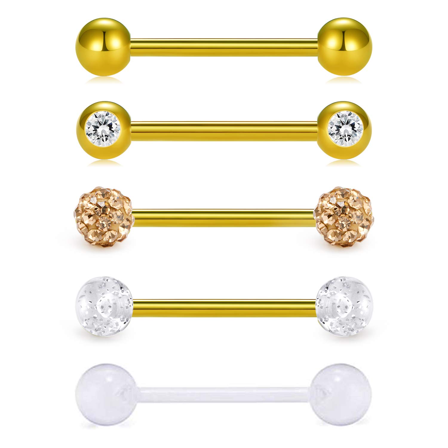 VCMART 5pcs 14Gauge Tongue Bars Piercing Ring Set 16mm Surgical Steel Flexible 5 Styles