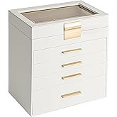 Jewelry Box, 5 Layers Jewelry Storage Display Box with Glass Lid for Women, 4 Drawers,Large Capacity for Necklace Earrings Bracelets Rings,White