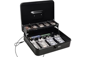 Parrency Cash Box with Combination Lock,Durable Metal Cash Box with Money Tray,Lock Box Safe Storage Security Locker with Security Cable,Black